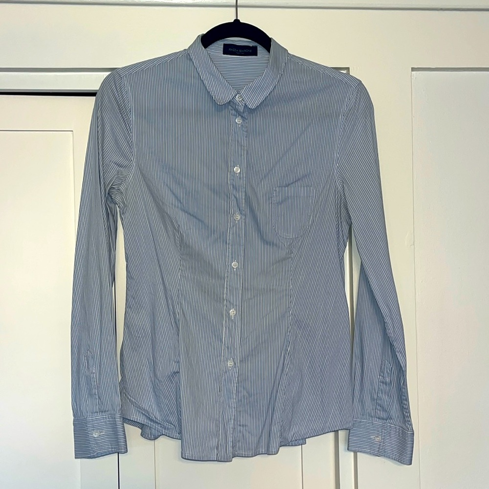 Piazza Sempione Italian Designer Light Blue Stripe Button Down Shirt